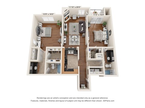 Floor plan for 2 beds, 2 baths, 1200 sqft